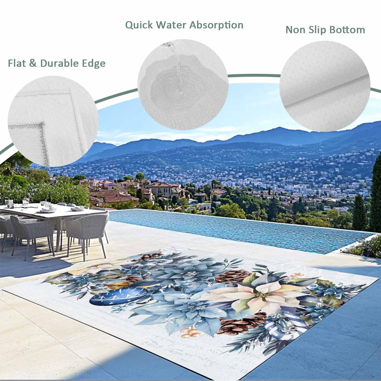 Fsddascl Blue Poinsettia Christmas Outdoor Rug for Patio/Deck/Porch, Non-Slip Large Area Rug 4 x 6 Ft, Xmas Botanical Balls Snowflake Indoor Outdoor Rugs Washable Area Rugs, Camping Rug Carpet Runner