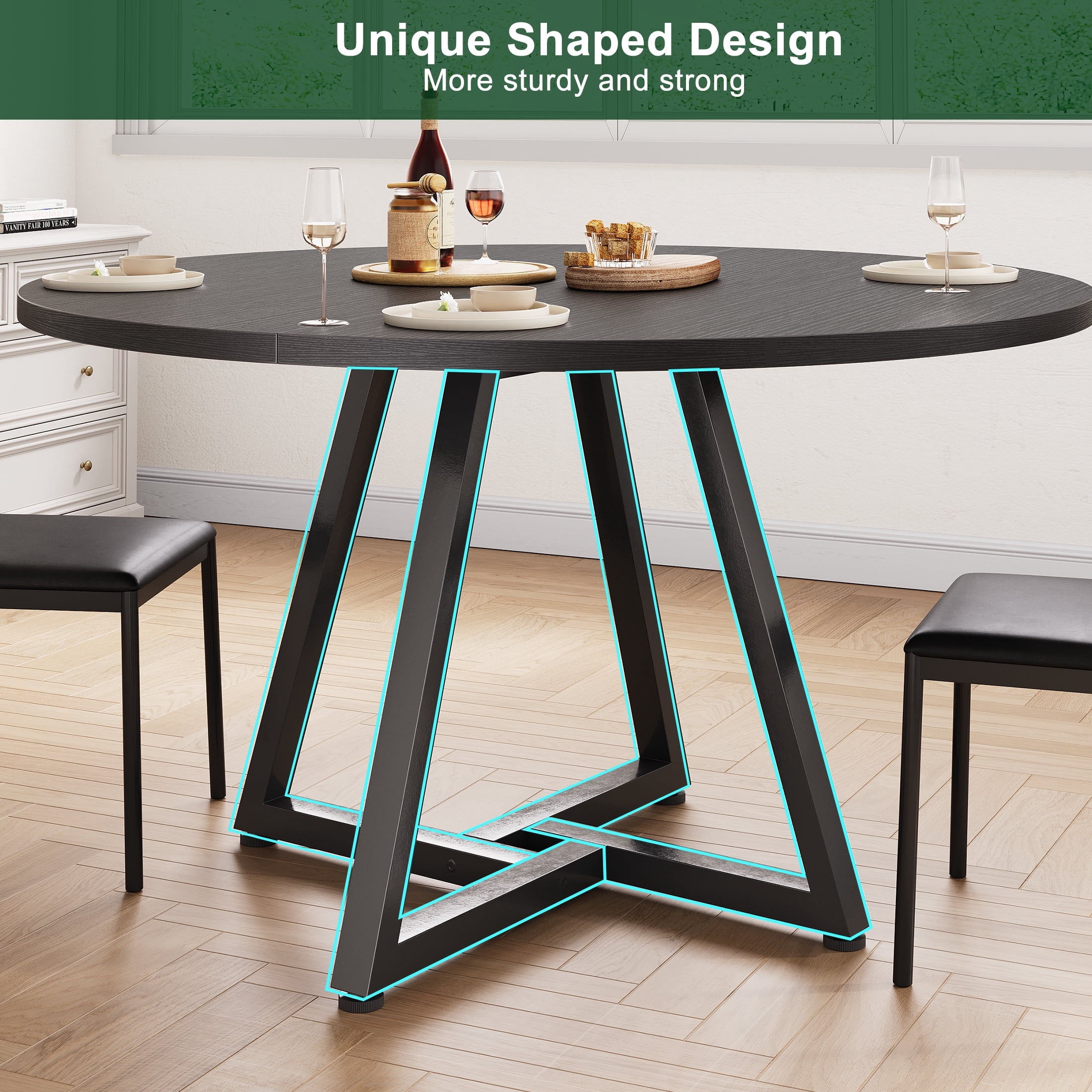 Anyact 51in Round Dining Table for 6-8 Persons, Circle Dinner Table Pedestal Metal Frame, Kitcen Table Sturdy Wood Kitchen & Dining Room Furniture, Black(Only table)