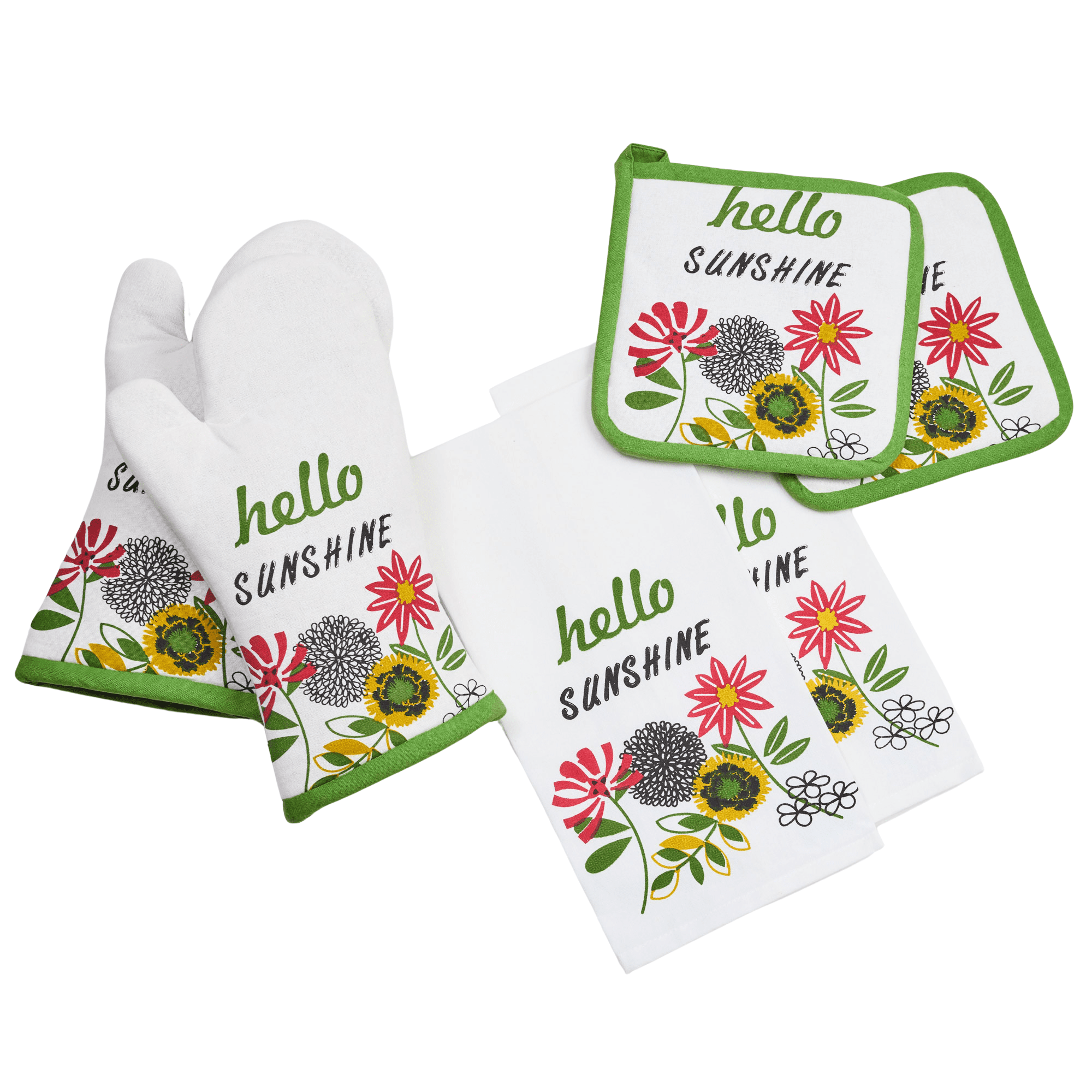 Hello Sunshine 100% Cotton 6pc Kitchen Towel, Pot Holder, Oven mitt Set
