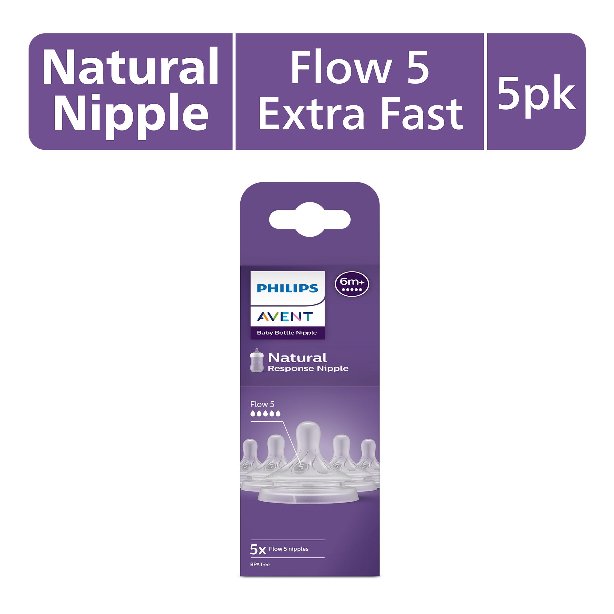 (4 pack) Philips Avent Natural Response Nipples, Extra Fast Flow (Flow 5), 5-Pack, SCY965/05