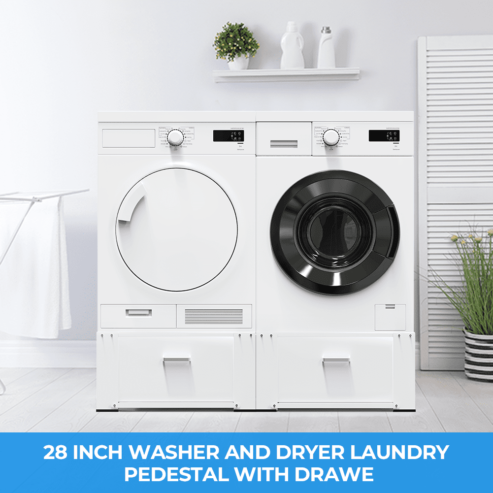 28.4" Washing Machine Pedestal with Drawer and Upper Panel Matalde Laundry Pedestal Upgraded Design, Washer and Dryer Stand, White