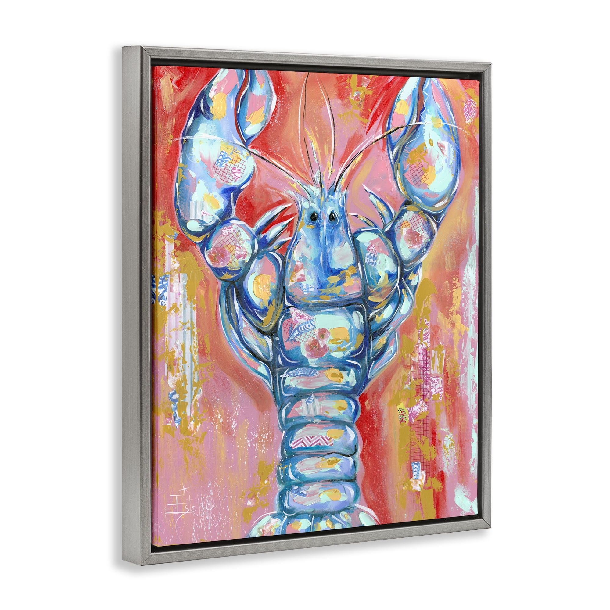 Stupell Industries Abstract Patchwork Lobster Nautical & Beach Painting Gray Floater Framed Canvas Art Print Wall Art, 17 x 21