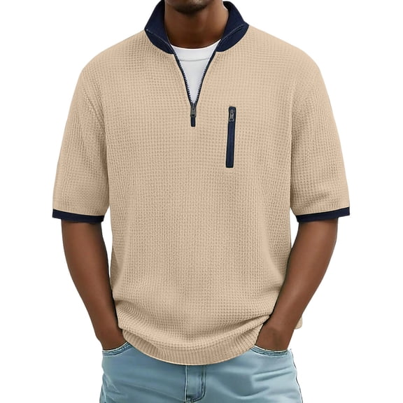 Gamivast Quarter Zip Shirts for Men V Neck Short Sleeve Golf Shirts Regular Fit Solid Textured Moisture Wicking Quarter Zip Pullover Summer Tops