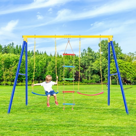 KUUFER 3 in 1 Metal A-Frame Toddler Swing Sets for Backyard, Playground Swing Sets with Climbing Ladder