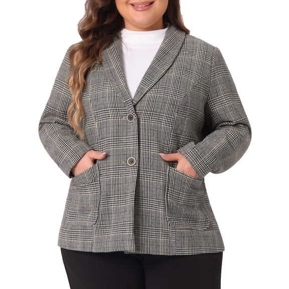 DARING DIVA Women's Plus Plaid Lapel Jacket Work Single Breasted Blazers Black Brown 1X