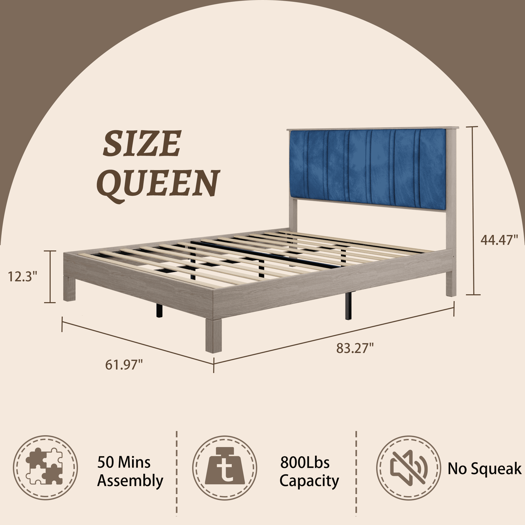 Queen Size Bed Frame with Upholstered Headboard,Wood Platform Bed Frame with Wood Slat Support, Mattress Foundation for Adults Kids,Easy Assembly