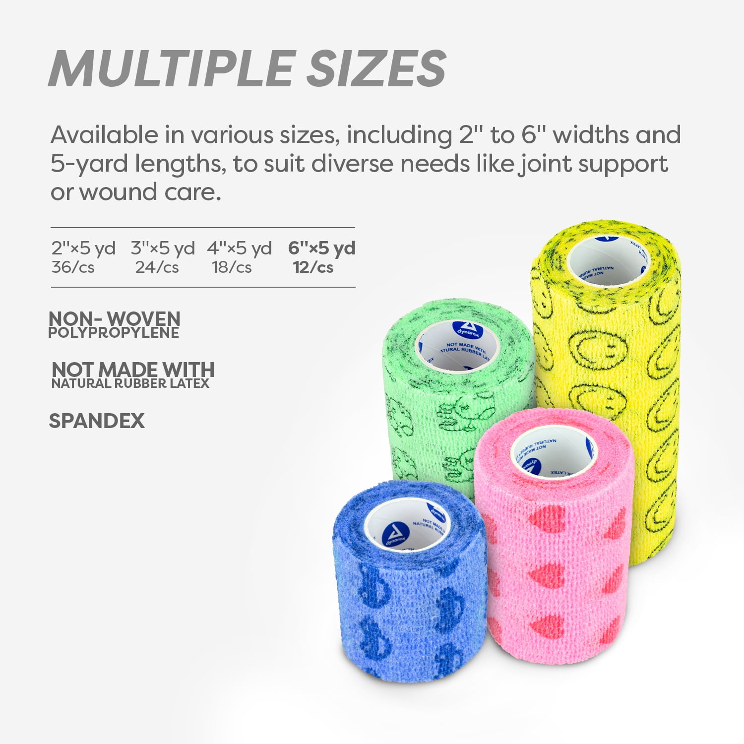 Dynarex Sensi-Wrap Self-Adhesive Bandages, 12-Pack, 6" x 5 yards, Assorted Colors - for Kids, Latex-Free, Colored Elastic Cohesive Athletic Tape, Tattoo Grip & Vet Wrap
