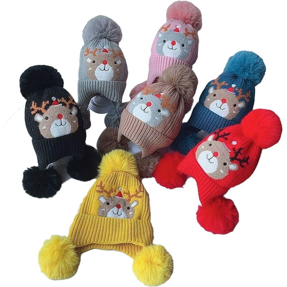 Godderr Kids Baby Boys Winter Woolen Hat Fleece Lined Ski Cap 3-8Y Kids Christmas Cartoon Thickening Hats Toddler Beanie Knit Hat with Ear Flaps