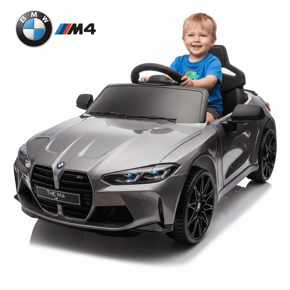 BMW M4 24V Kids Ride On Toy Car with Parents Remote, Electric Car with USB/MP3, Bluetooth, LED Light, Toddler Car with A Handle with Wheels and A Pull, Easy to Carry, Gift for Boys Girls 3-6, Silver