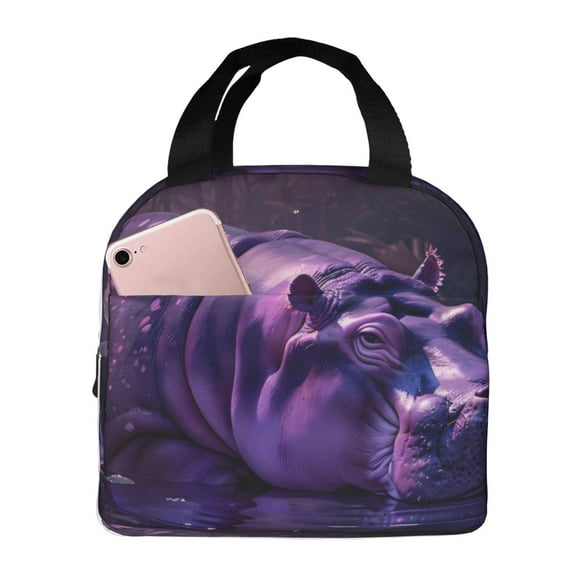 Easygdp Purple Hippo In Water Bolsa Térmica Premium - Tela Oxford Impermeable, Gran Capacidad, Bolsillo Frontal, Unisex para Trabajo, Escuela, Actividades al Aire Libre y Picnics