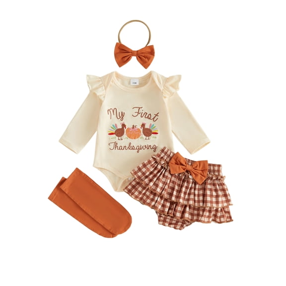 Cjfdfy Newborn Baby Girl Thanksgiving Fall Outfit Turkey Long Sleeve Romper Tiered Skirt Socks And Headband 4Pcs Infant Cute My First Thanksgiving Fall Winter Outfits 0-18M