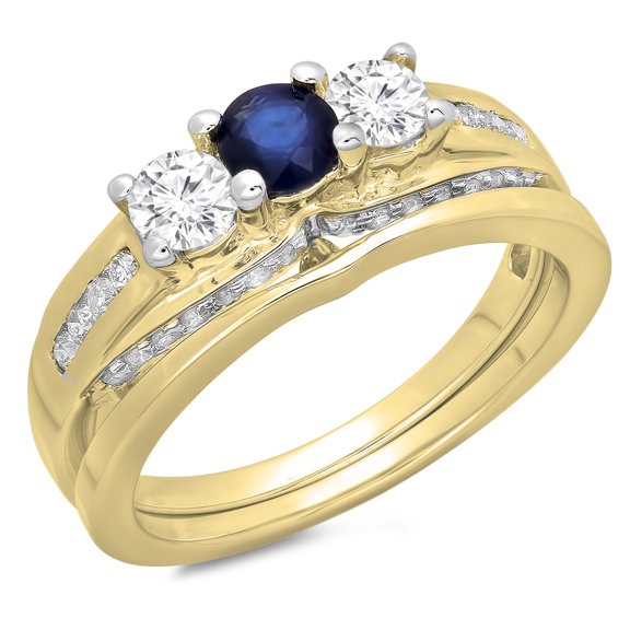 Dazzlingrock Collection 14K Round Blue Sapphire & White Diamond Ladies 3 Stone Engagement Ring, Yellow Gold, Size 6.5