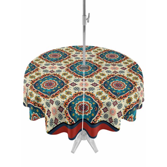 Outdoor Table Cloth with Umbrella Hole and Zipper, Blue Red Boho Waterproof Round Tablecloth 60 Inch, Abstract Ethnic Vintage Geometric Washable Table Cover for Outside Party Patio Picnic