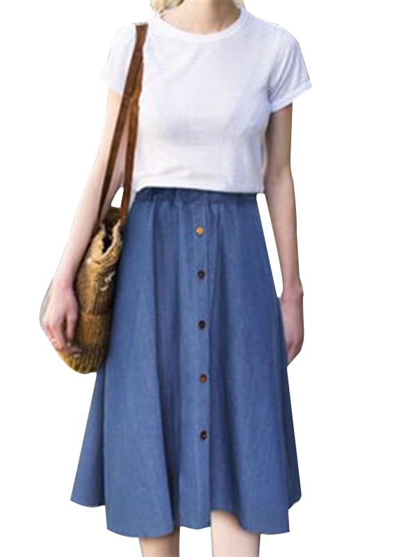 denim pleated midi skirt