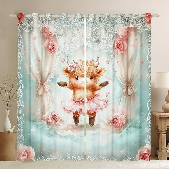 Erosebridal Highland Cattle Curtains and Drapes (38x45), Cute Cow Bull 30%-50% Blackout Curtains for Bedroom for Girls, Pink Blue