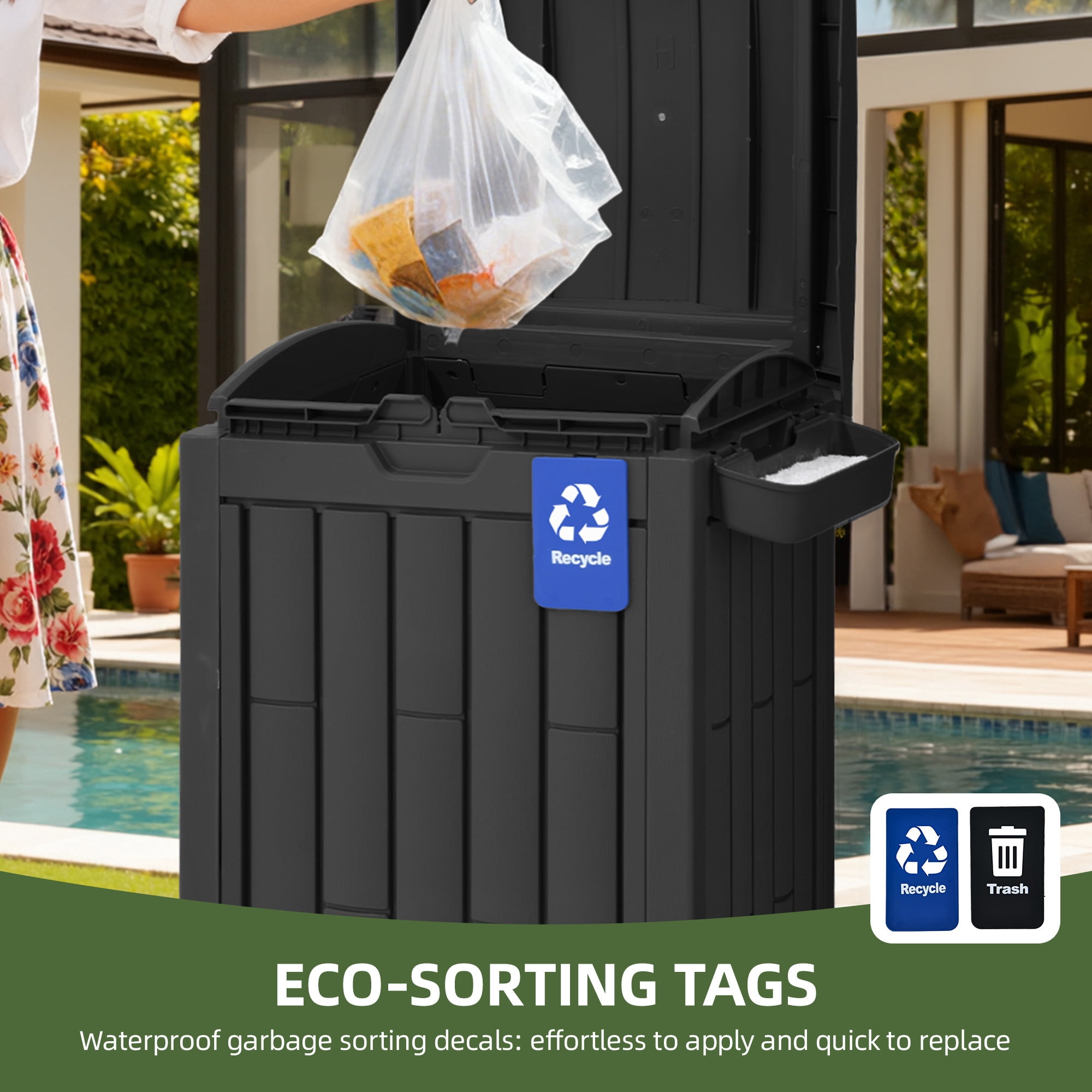 Uforic 38 Gallon Outdoor Resin Trash Can with Lid, Includes Sorting Labels, Ash Holder, Stakes and Suction Cups, Hideaway Storage for Patio Backyard Garden, Black