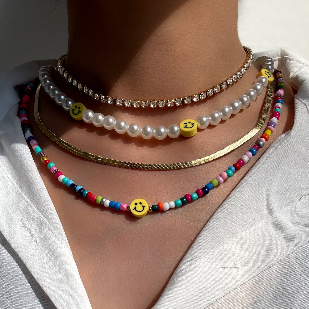 Shar Bohemia Multilayer Smiley Pearl Rainbow Beaded Choker Necklace For Women Acrylic Fruit Heart Beads Chain Necklaces Beach Jewelry