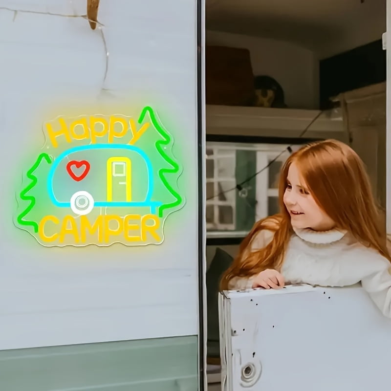Happy Camper Neon Sign - USB-Powered LED Wall Decor With RV & Camping Elements, Multi-Color Lighting Display For Campsites, Gifts, And Camping Enthusiasts, Perfect For RVs And Camping Sites