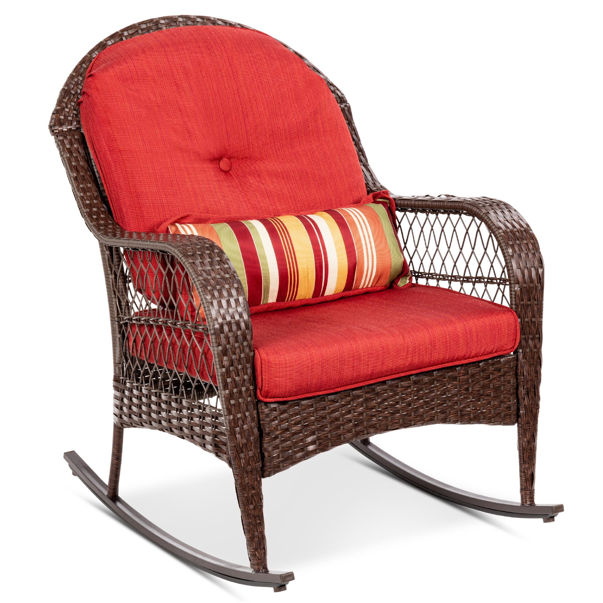 best choice products outdoor wicker rocking chair for patio porch w steel  frame weatherresistant cushions  red  walmart