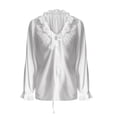 thumbnail image 4 of YVNAURA Womens V Neck Pleated Blouse Bell Sleeve Top For Women Long Sleeve Button Down Collared Shirt Office Work Business Casual Blouse Spring Fall, White,L, 4 of 5