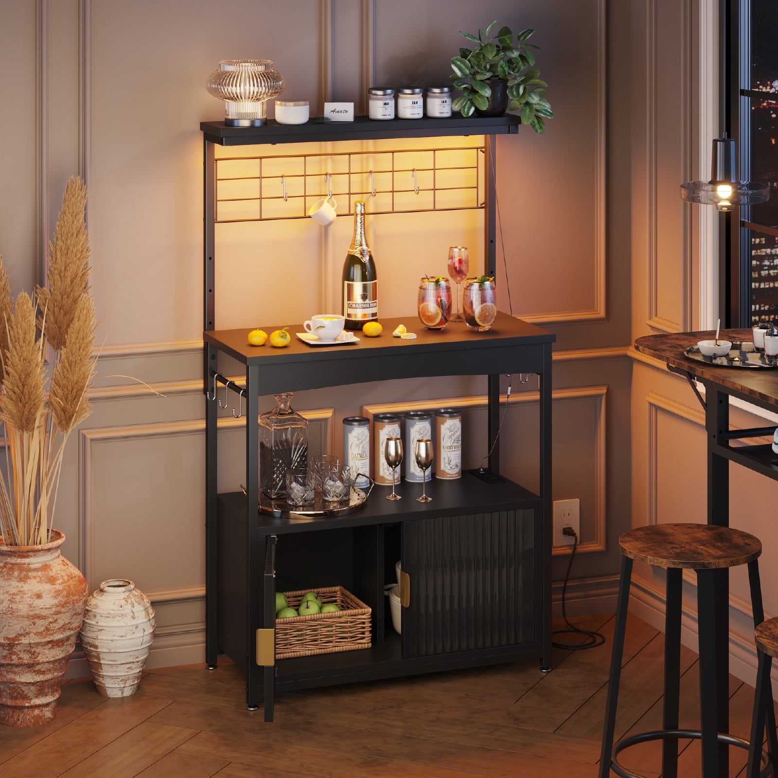Bestier Bakers Rack with Power Outlet, Height-Adjustable 45" to 55" Kitchen Microwave Stand with Sstorage Cabinet, Coffee Bar Cabinet with LED Light, Kitchen Stand with 10 S-Hooks (Black)