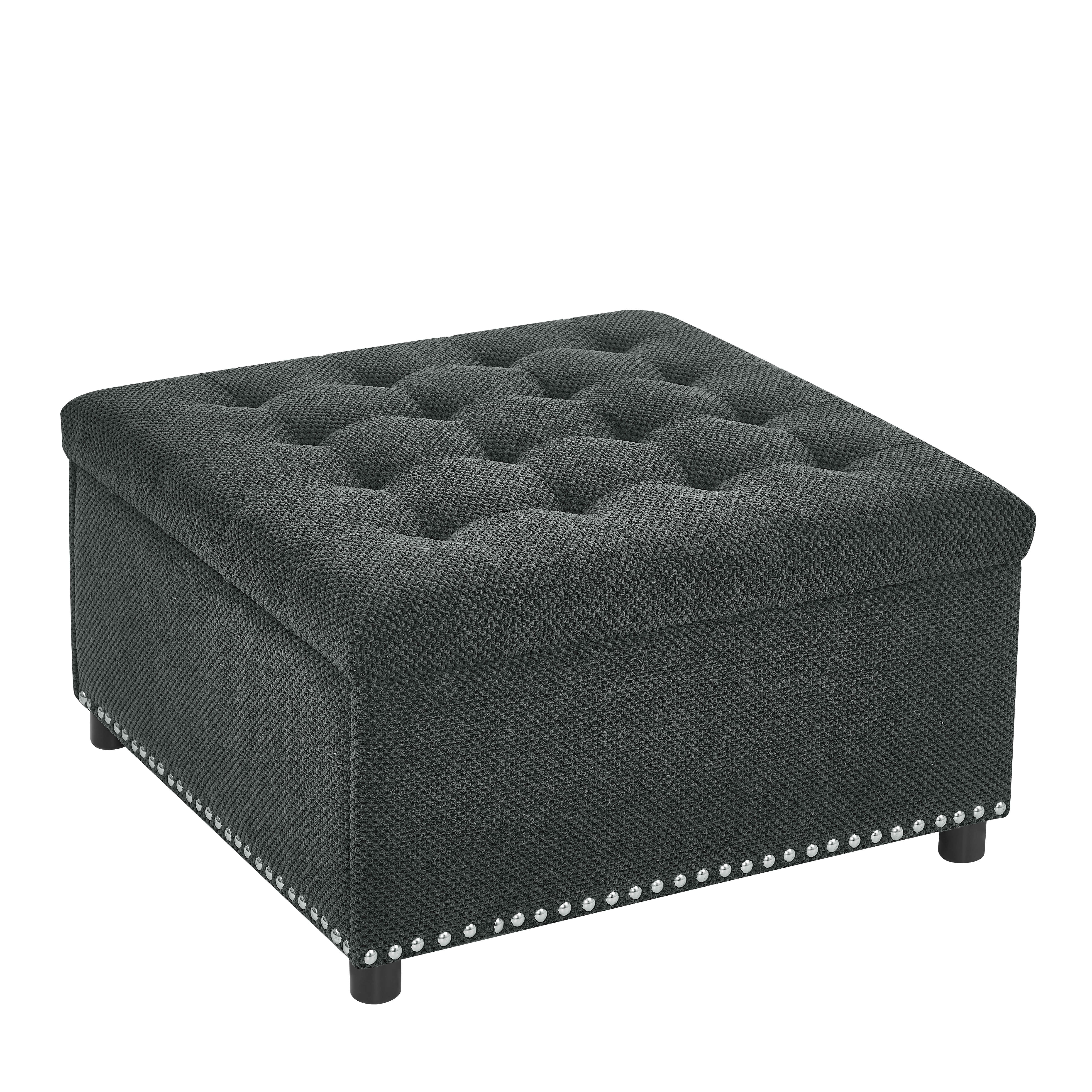MAYEERTY 30 In Storage Ottoman, Tufted Footstool, Nailhead Trim, Square Ottoman, Dark Grey