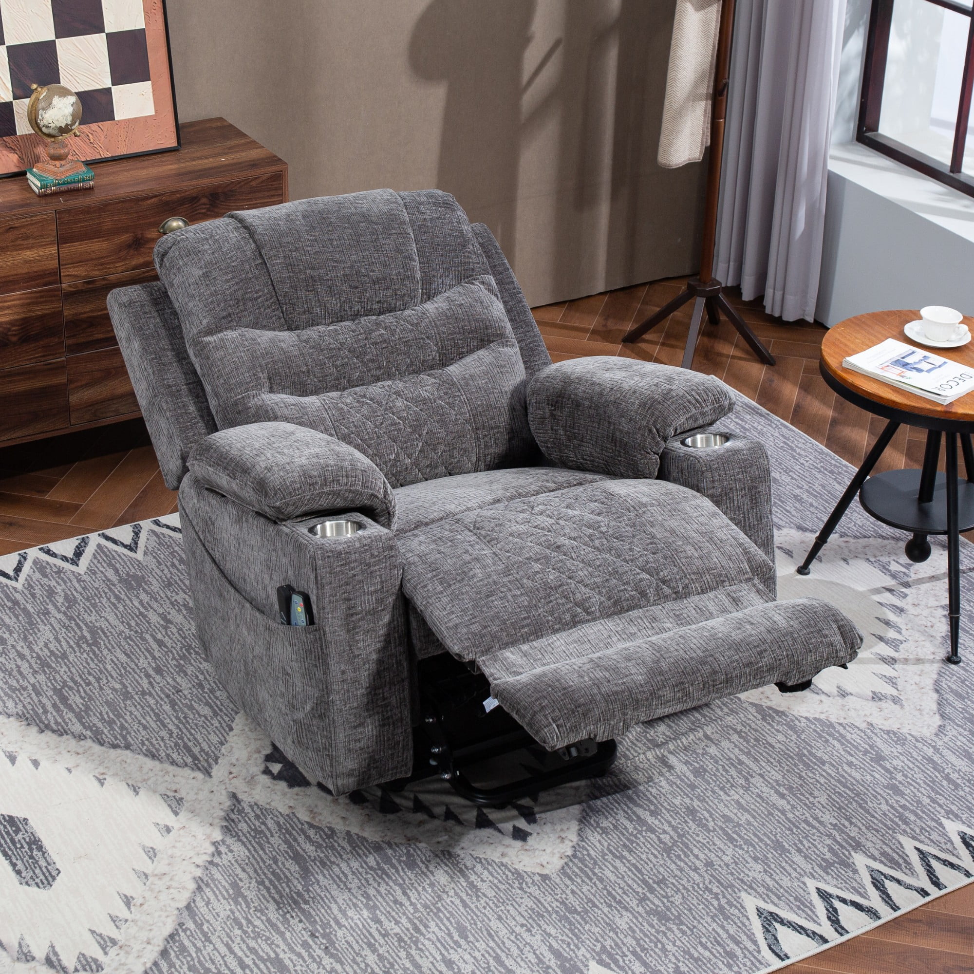 Oversized Recliner Chair 26-inch Wide Seat with Extended Footrest - Power Lift Recliner for Elderly with Heat Massage - Flip Arm Storage Cup Holders 350 lbs
