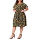 thumbnail image 4 of Vestido midi floral de primavera y verano para mujer de tallas grandes, con escote en V, mangas cortas, cintura elástica y volantes, 4X, negro, 4 of 6