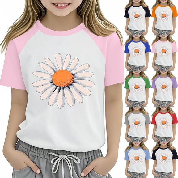 Cowsor Kids Daisy Printed Raglan Sleeve Short Sleeve Crewneck T Shirt Casual Summer Tee for 2-14 Years Old Outdoor Activity