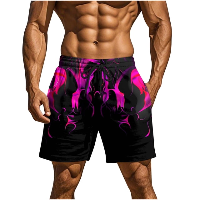 Beach Shorts for Men, Fast-Drying Polyester Swim Trunks with Flame Print, Lightweight Summer Casual Wear, Elastic Waistband, Side Pockets, UPF Protection