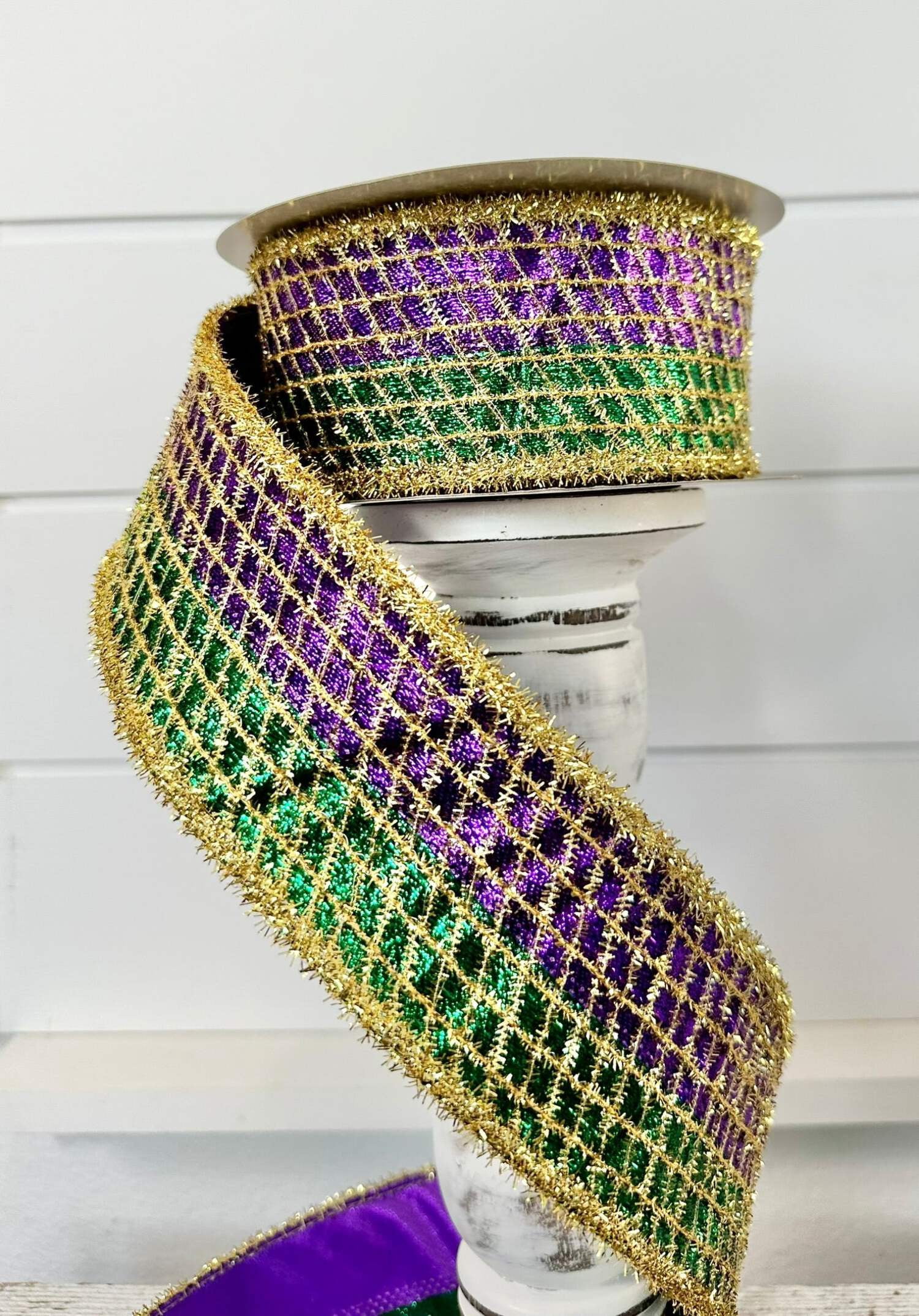 2.5"x10yd Purple/Green/Gold Mardi Gras Ribbon - Metallic Mesh with Tinsel - TCT Crafts - RGC8044