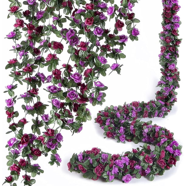 Guirnalda de flores de 8 piezas de 66 pies, flores artificiales de vid rosa con hojas verdes