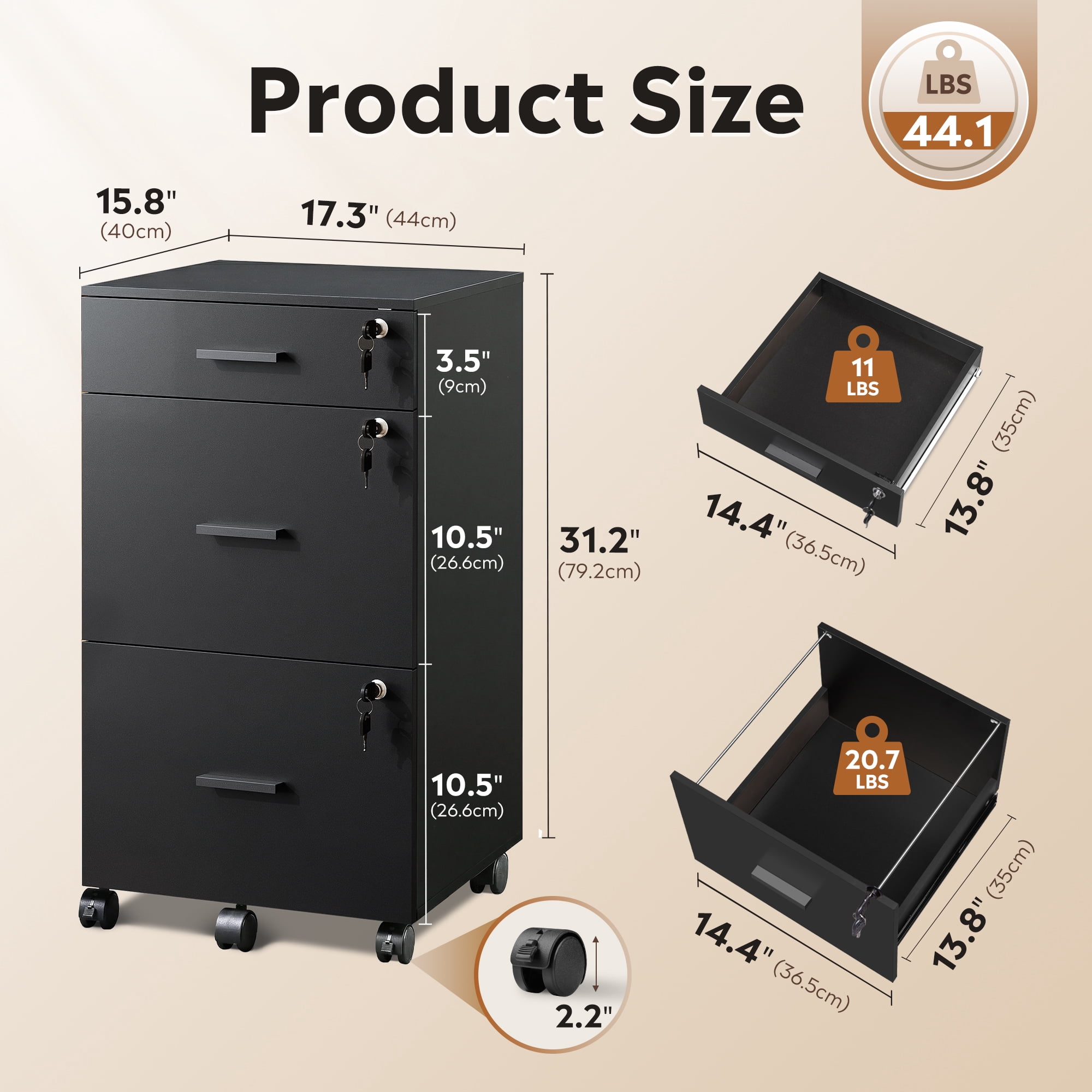 GALAXHERO Filing Cabinet with Lock and Key, 3 Drawer Rolling File Cabinet,  Wood File Cabinet for Home Office, Fits Letter/A4 Size, Black