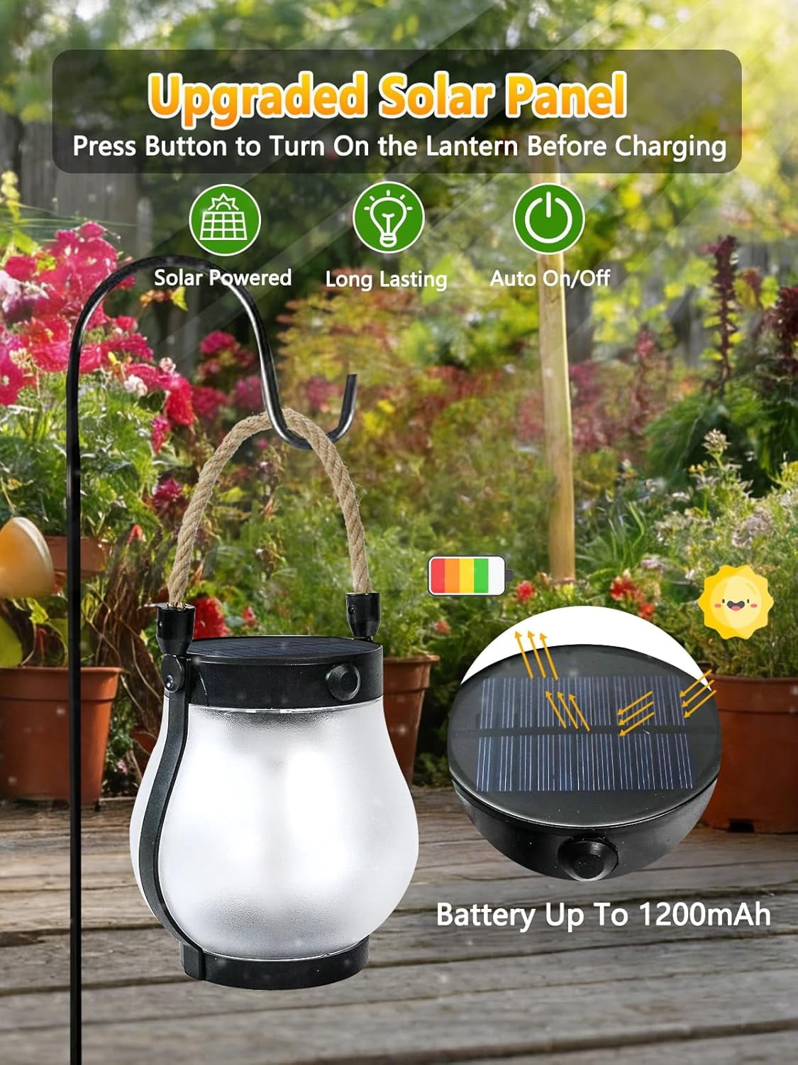 4 Pack Gen2 Solar Lanterns Outdoor Waterproof, Solar Lantern with Dancing Flame, 2 Lighting Modes, Dual Charging USB & Solar, Solar Outdoor Lights with Rope Handle for Camp Garden Tree Tabletop Decor