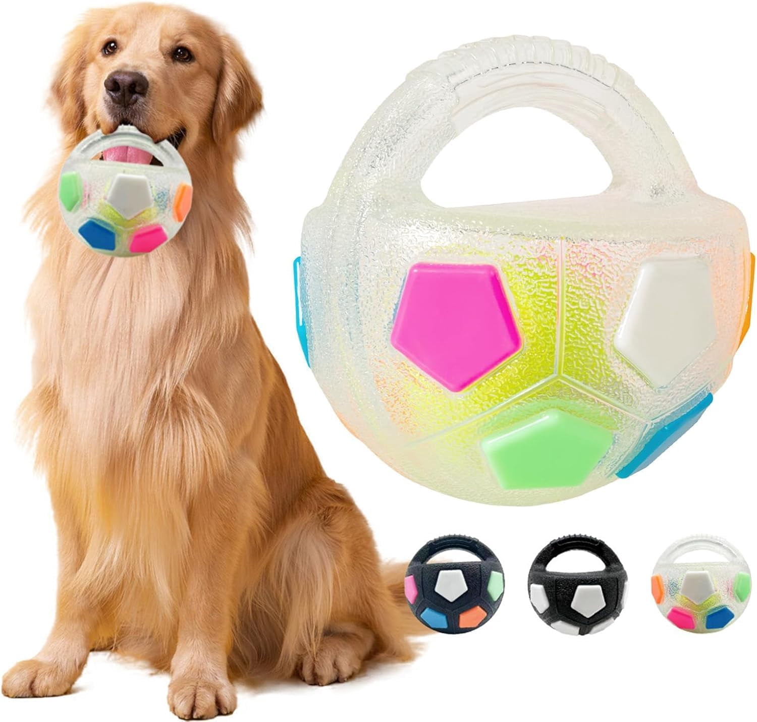 Dog Calming Ball with Handle – Squeaky Floating Dog Toy for Interactive Toss and Fetch Play, Treat Dispensing Rubber Football-Shaped Chew Toy for Medium to Large Breeds