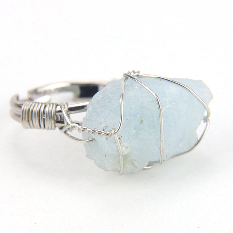 Namzi natural handmade ring, suitable for men and women to wear, personalized silver copper wire hand wrapped natural stone ring, adjustable for women (light blue)