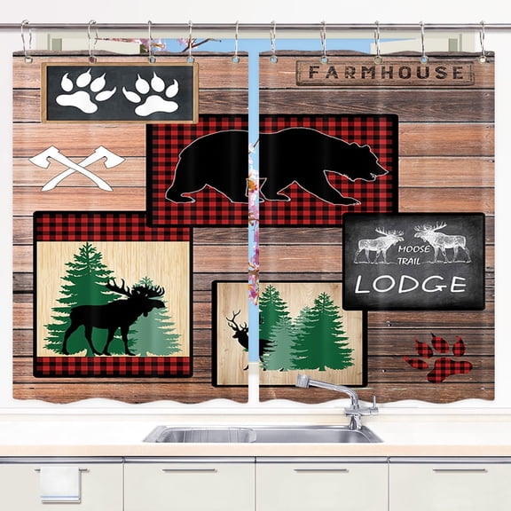Cabin Kitchen Curtains, Lodge Moose Deer Country Style Kitchen Curtains Rustic Cabin Windows Curtain Cabin Kitchen Curtains for Living Room Window Drape Treatment Fabric 2 Panels 21 x 45 Inch