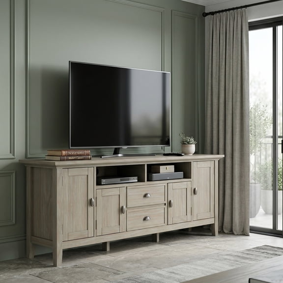 Simpli Home Redmond 72 inch Wide Solid Wood TV Stand in Distressed Grey For TVs up to 80 inches