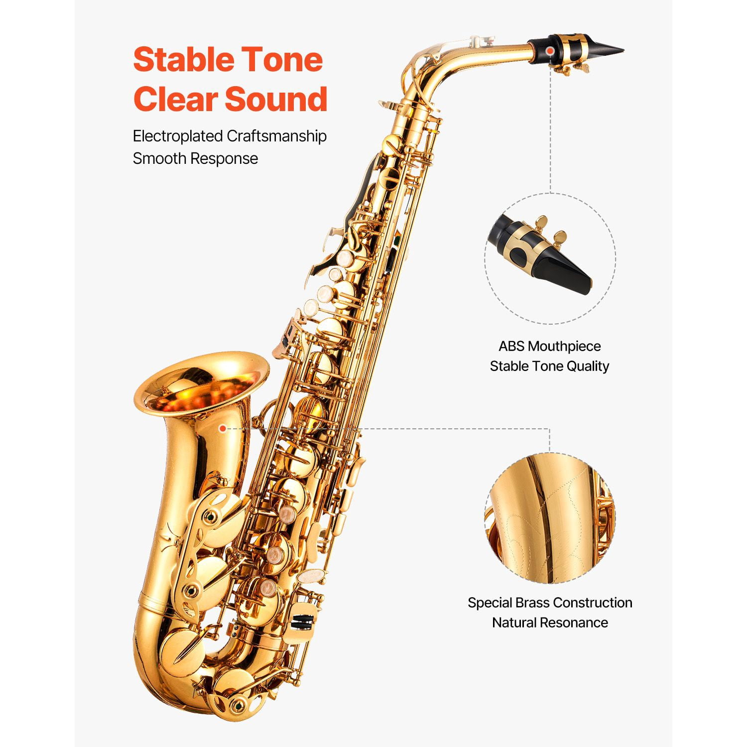 Alto Saxophone, E Flat, Brass Saxophone Beginner Kit with Carrying Case, Mouthpiece, Straps, Cleaning Cloth Rod, Gloves, Grease, Neck Strap, 23 Keys Alto Sax Kit, for Beginners Students, Gold