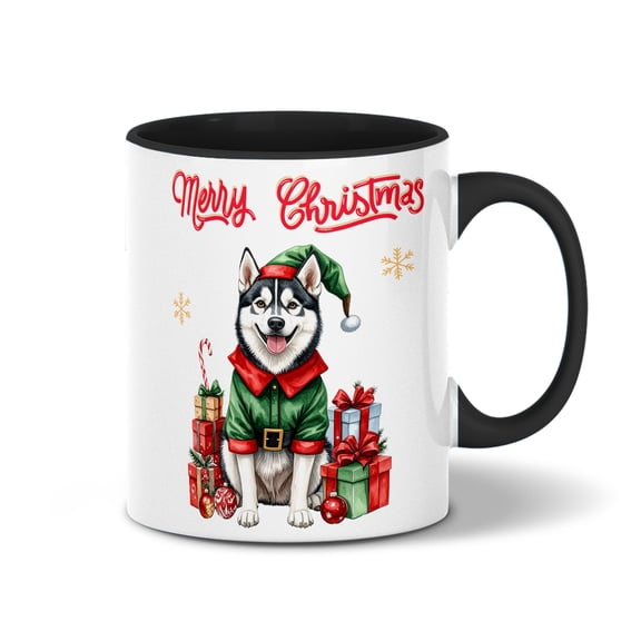 Merry Christmas Woofmas Xmas Noel Siberian Husky Elf Candy Cane Snow 11oz Accent Two-tone Mug Husky Dog Lover Gifts Coffee Tea Cup - 13017