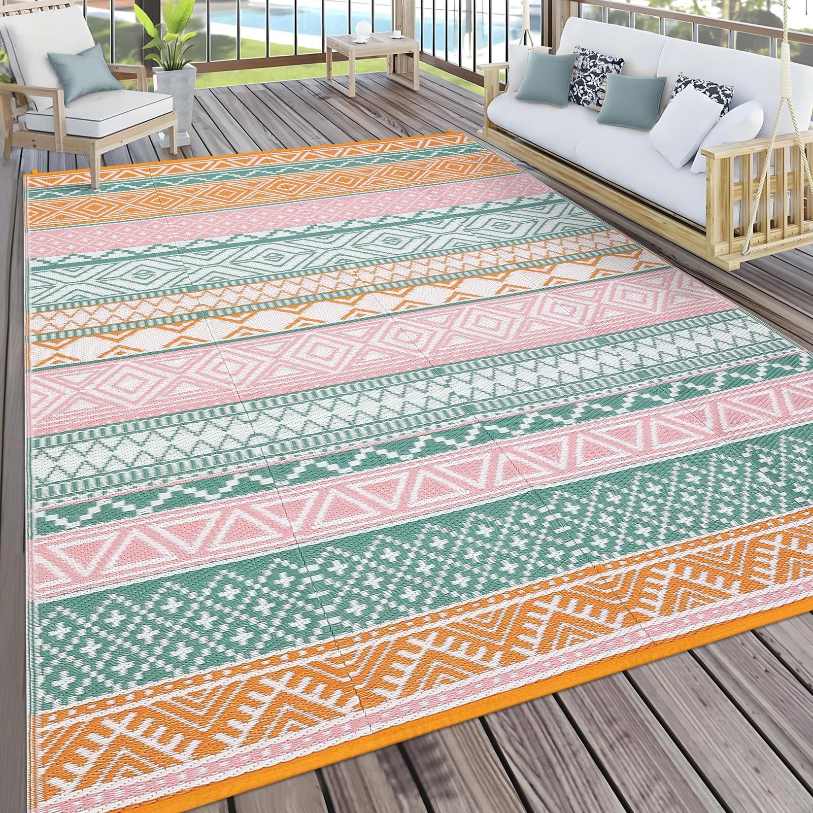 Waterproof & Reversible Outdoor Rug – Durable Patio Carpet for Camping, RV, Deck, Picnic, Porch, Backyard – Lightweight, UV & mark Resistant