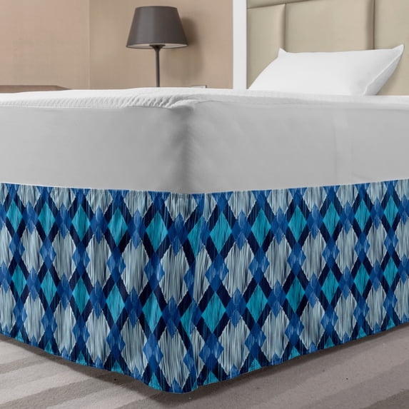 Ikat Bed Skirt, Hand Drawn Doodle Diagonal Squares with Sketchy Look in Blue Shades, Elastic Bedskirt Dust Ruffle Wrap Around for Bedding Decor, 4 Sizes, Pale Blue Dark Blue, by Ambesonne