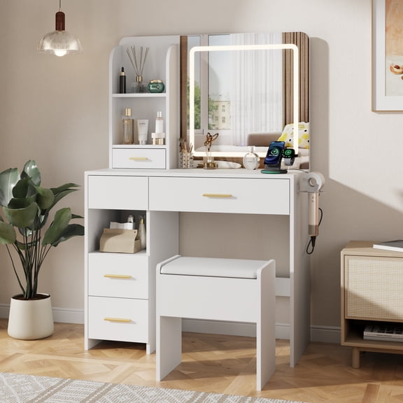 Vanity Desk with Mirror and Lights, LED Makeup Vanity with 3 Lighting Colors & Power Outlet, 5 Drawers and 3 Storage Shelves, White Vanity Set with Stool for Bedroom