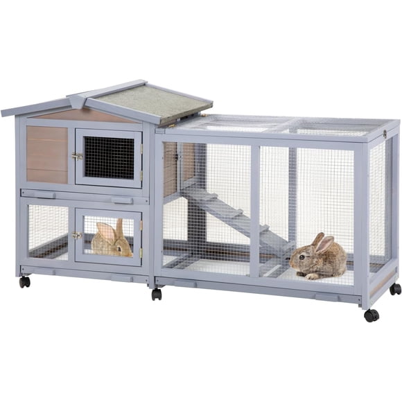 REKHHY Rabbit Hutch Wooden Bunny Cage with Wheels & Tray – 2-Tier Indoor Outdoor Small Animal Cage for Rabbits, Guinea Pigs, Chicken Coop, Waterproof Roof