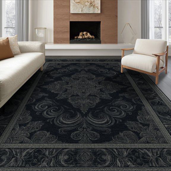 ODIKA 8'x10' Washable Area Rug Grey Smoky Entry Tones Balanced Framing Muted Artwork Way Entrance for King Size Bedroom Under Bed, Master Suite, Non-Shedding, Easy Care
