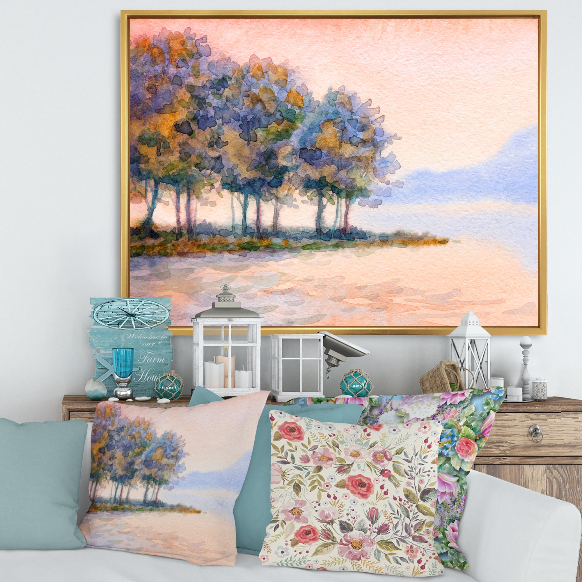 Designart 'The Rural Lake In Sunset Evening II' Traditional Framed Canvas Wall Art Print