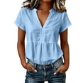 thumbnail image 3 of ClodeEU Women's V Neck Pleated Short Sleeve Blouse, Casual Loose Fit Solid Color Top Blue,Women's Plus L, 3 of 6