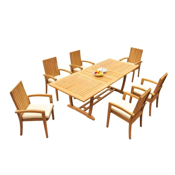 Grade-A Teak Dining Set: 6 Seater 7 Pc: 94" Mas Rectangle Trestle Leg Table And 6 Goa Stackng Arm Chairs Outdoor Patio WholesaleTeak #51GO1107