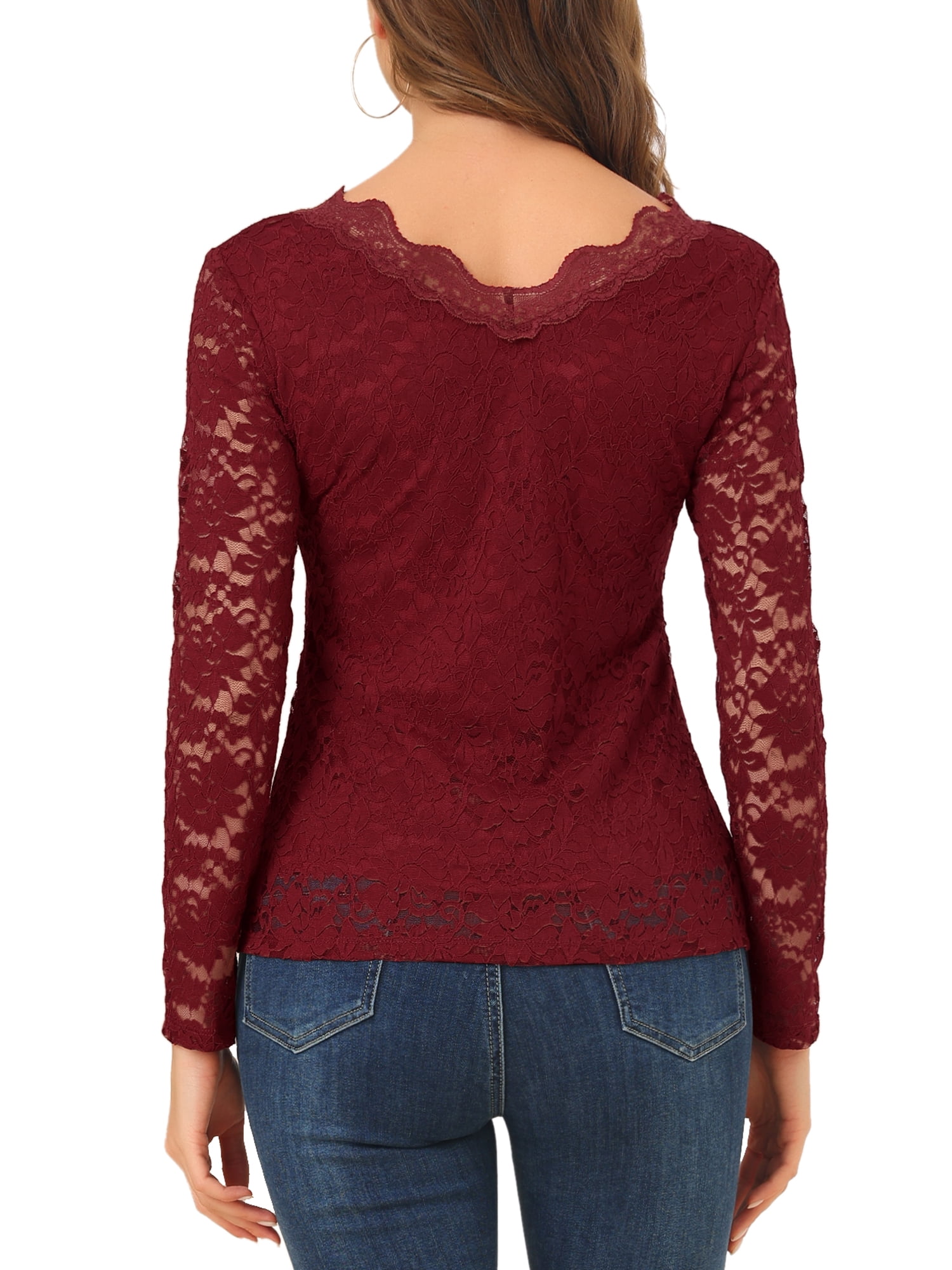 DARING DIVA Floral Lace Shirt Lace Scalloped Trim Blouse M Burgundy