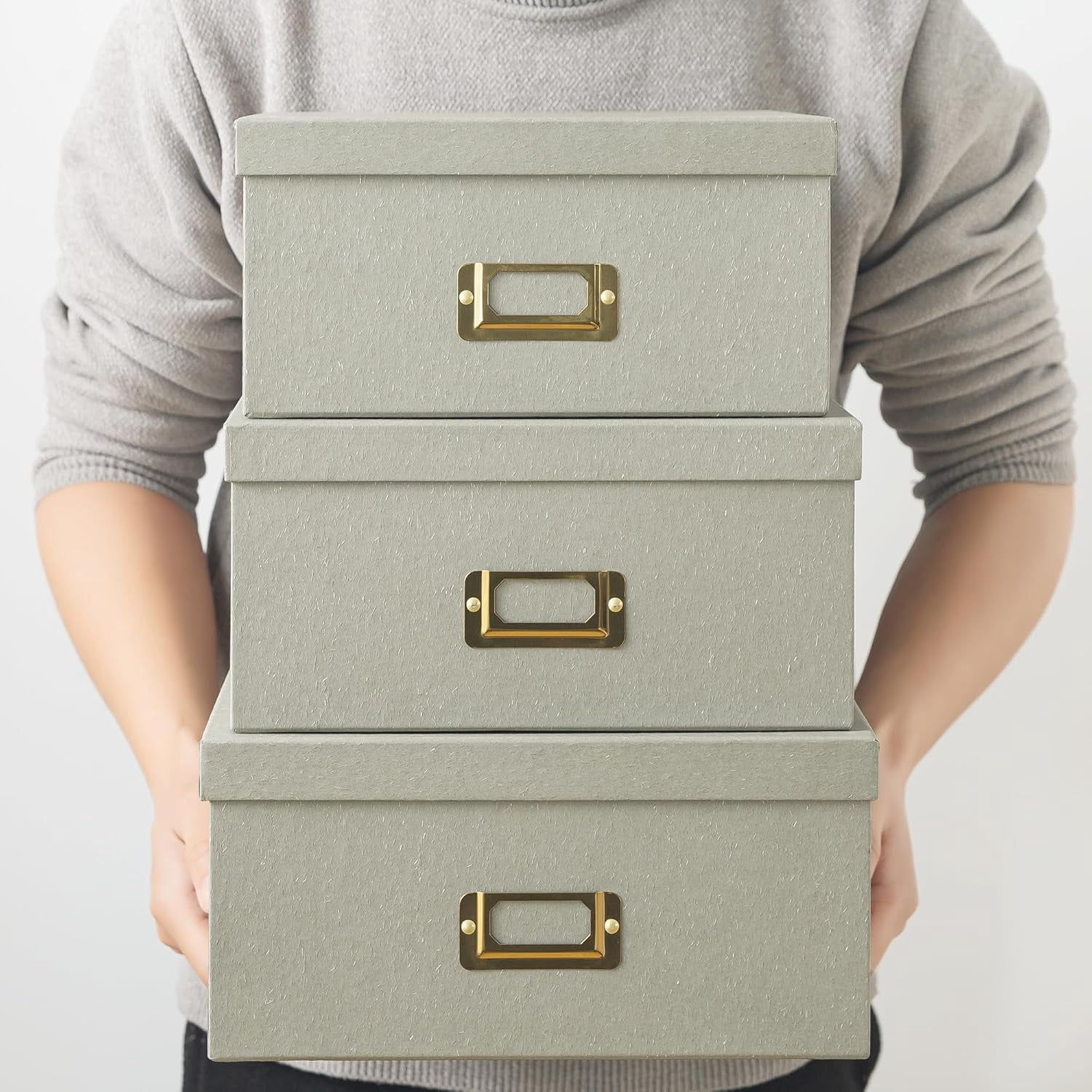 Square Stacking Boxes with Lids and Gold Label Holders, Decorative Photo Storage, Nesting Cardboard Set for Decor and Organizing